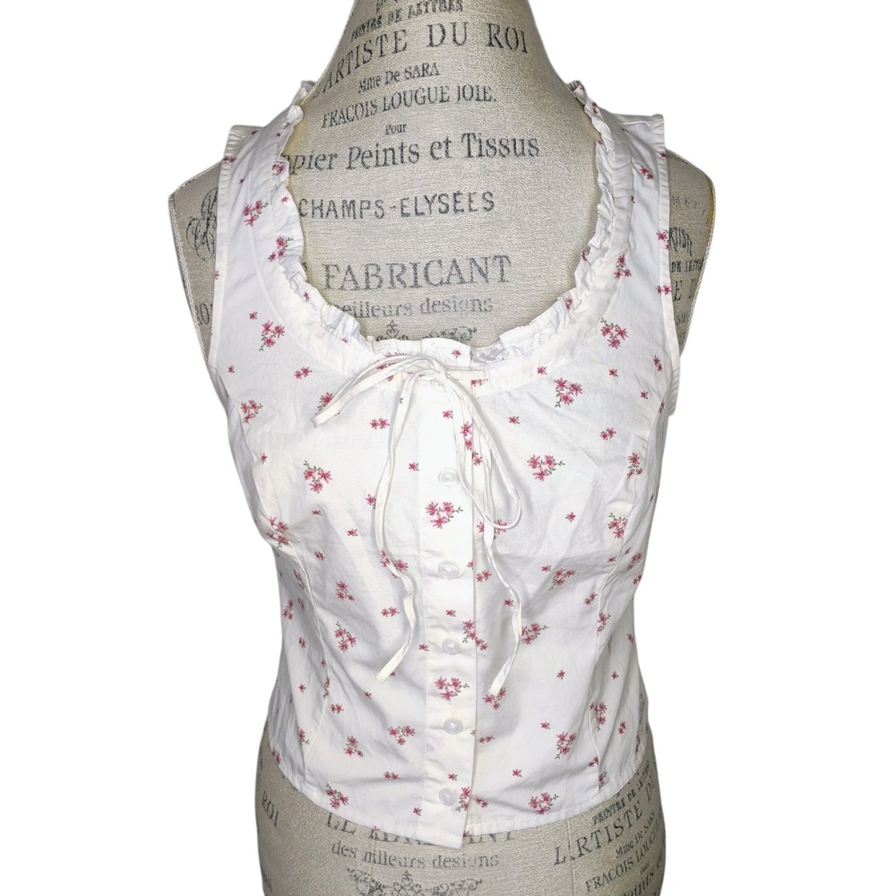 Levi's Shane Cotton Tie Neck Tank Top Womens XS White Floral Cottage Ruffle